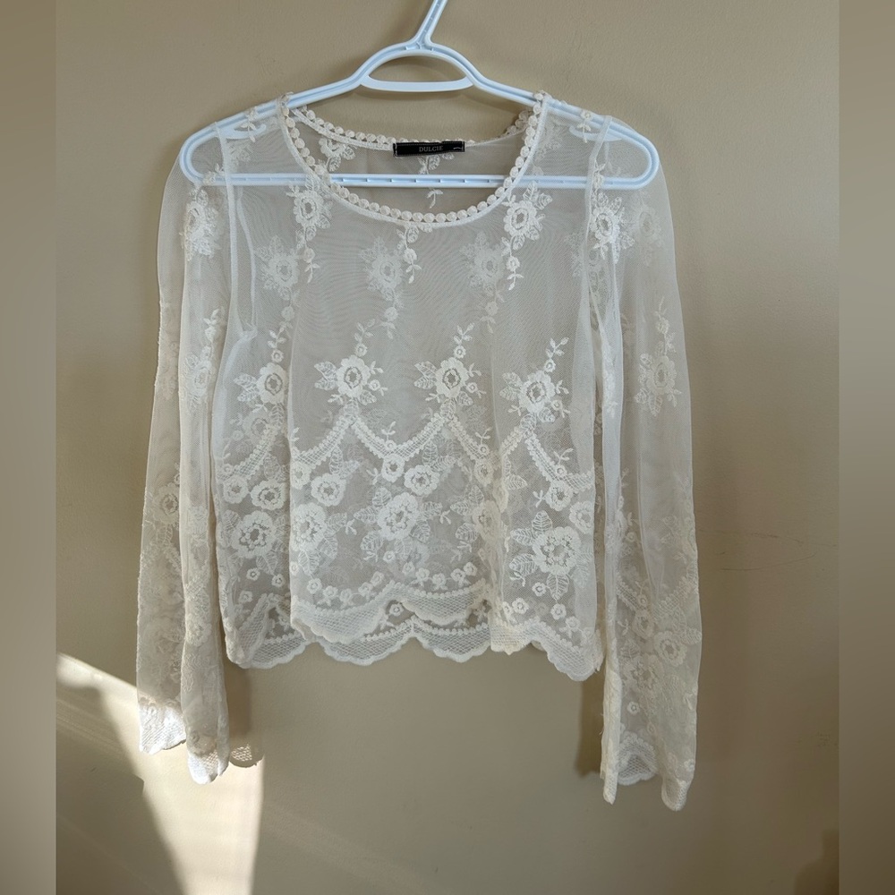 Dulcie Ivory Lace Semi-Sheer Blouse with Scalloped Edges